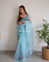 Light Flower Sky Blue Pure Organza Saree